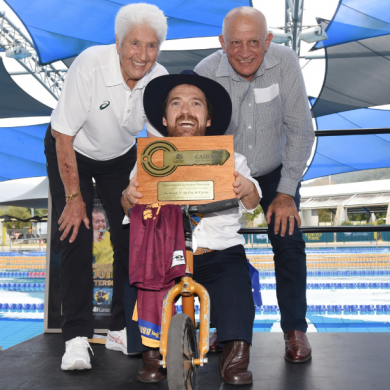 Scooter receives the keys from Cairns Mayor and Dawn Fraser