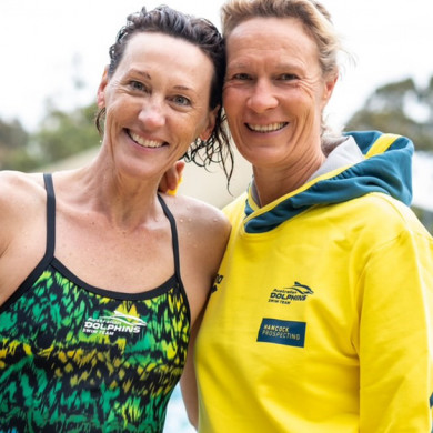 Jennie Bucknell (right) with masters swimmer Sal Cuming.
