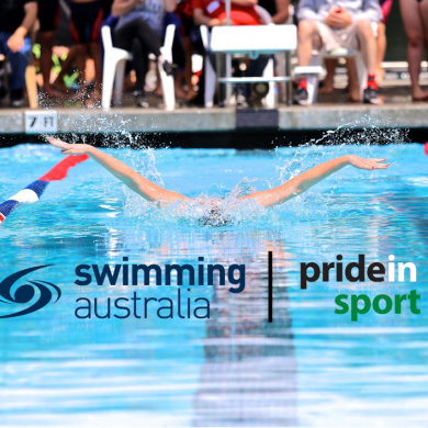 Pride in Sport and Swimming Australia logos over someone swimming butterfly.